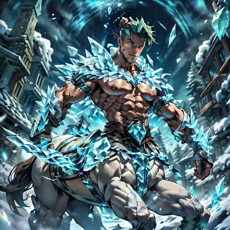 (Green short hair), (((male centaur))), ((bodybuilder)), ((very muscular)), ((broad chest)), ((thick pectorals)), abs, (((small waist))), ((big biceps)), ((large )), ((glans)), ((testicles)), ((nipple piercings)), snowy mountain, pine trees, aurora boreali...