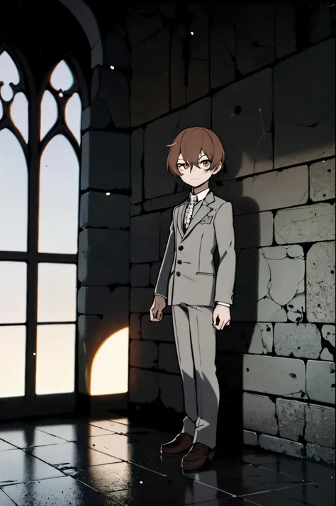 personagem de anime em frente a uma parede de pedra com uma janela, he is wearing a suit, Torre de Deus, single character full body, em um terno estrito, cara de anime alto com olhos azuis, arte oficial do personagem, full body single character, dapper dre...