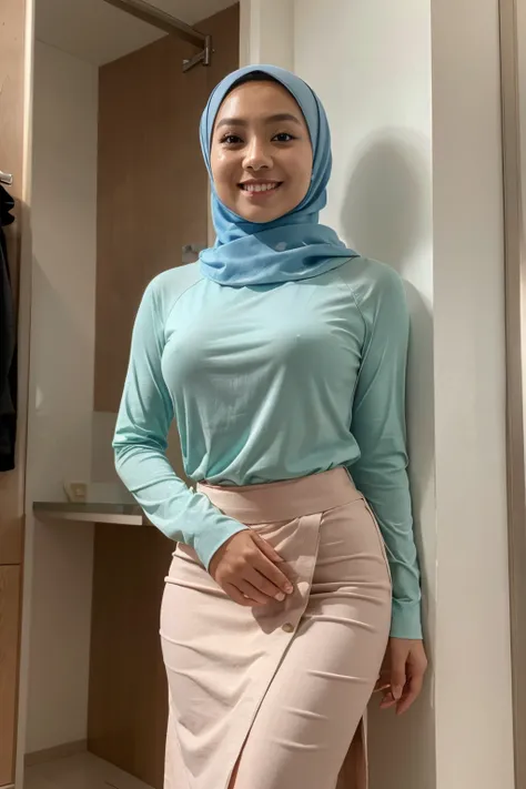 RAW, Best quality, high resolution, masterpiece: 1.3, 1 beautiful Malay woman in hijab, big gorgeous eyes, smiling, wearing loose long sleeve blouse and really tight long skirt, cut side skirt showing 1 thigh, full covered, in changing room, Excellent ligh...