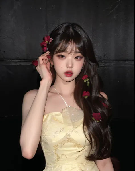 Mujer araffe con cabello largo con un vestido amarillo y sosteniendo una flor en el cabello., Lalisa Manobal, Retrato de Jossi de Blackpink, Lalisa Manoban de Blackpink, Sha Xi, con flores, Bae Suzy, Iu, Cabello largo con flequillo completo, con flequillo ...