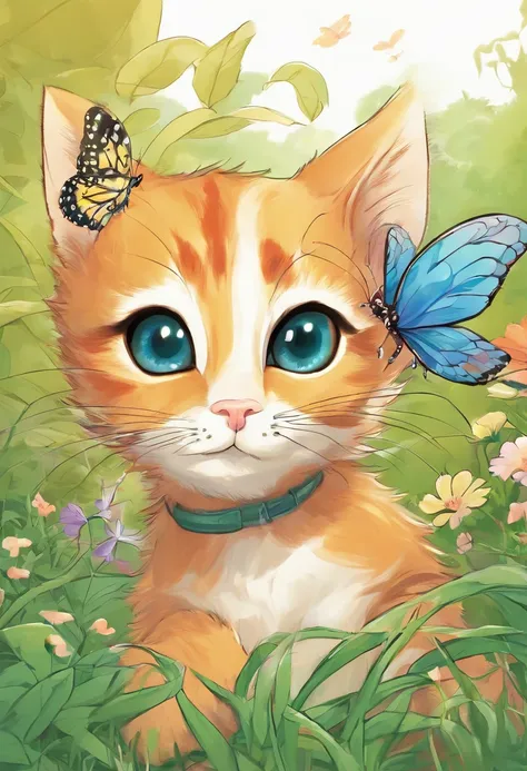 The kitten saw a beautiful butterfly，chasing with excitement，