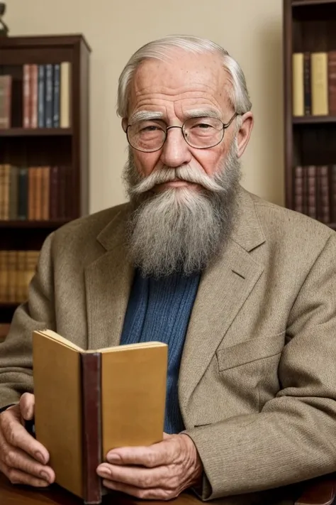 An old man with the traditional mindset of a famous family，Real front photo，Authentic backgrounds，Background is the presidents office，holding books，Worn-out clothes，Face full of wrinkles，80 year old chairman，Clever eyes，The beard is white，male people，itali...