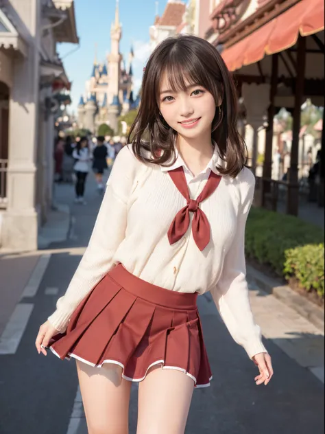 ((((Bob Curl Hair、Disney land、bending forward、blue-sky、Good Style、Embarrassing、red blush、embarrassed from)))),(((((show off panty,up skirt、Skirt flipping in the wind、Oversized knitwear、flered skirt))))),((At Disneyland、frombelow))、masutepiece, 1girl in, be...