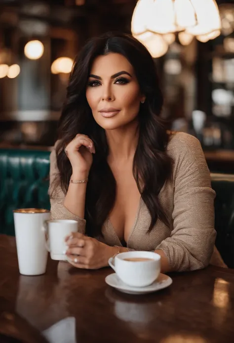 A photo of Kimberly Kardashian sitting in a cozy coffee shop with a latte in hand.,original,She is a woman. She is short, with dark hair and brown eyes. She has large lips. She is known for her changing looks from plastic surgery. She is attractive and you...