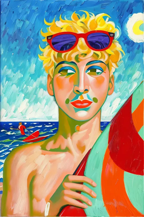 painting of a boy in sunglasses holding a surfboard on the beach, inspirado em Louis Anquetin, inspirado em Fred Ludekens, inspirado em Arthur B. Carles, titled Beach Holidays, inspirado em Igor Grabar, inspirado em Boris Kustodiev, inspirado em Stevan Doh...