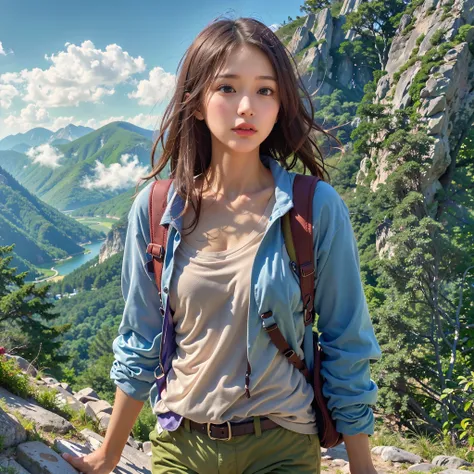 (Background, Magnificent mountain views, blue open sky, white clouds):1.3,  (medium hari, dark brown hair), (top-quality, Photorealsitic:1.4, masterpiece:1.3, RAW Photography:1.2, cinematric light, very detailed illustration), (1woman:1.3, solo), (Mountain...