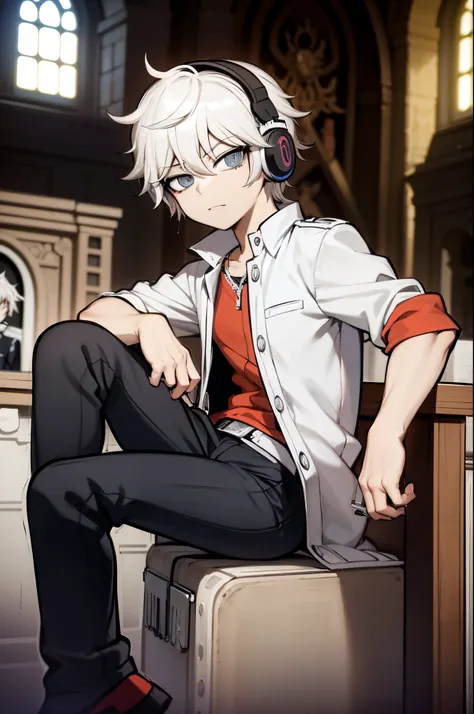 personagem de anime sentado em um banco em uma igreja com fones de ouvido, rostoentediado, olhos azuis, Nagito Komaeda, Nagito Komaeda de Danganronpa, cabelos brancos, Hajime Yatatate, arte oficial, cabelos brancos, Arte Oficial, Arte digital de Danganronp...