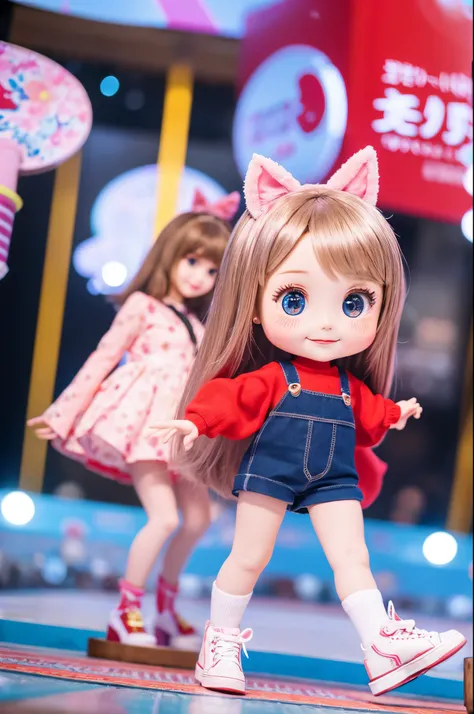 Placed on a circular stand, a kawaii chibi doll stands with its right hand raised and a smile on its face,  Its eyes are filled with stars, giving off a kirakira effect, The pastel colors of its outfit and cute red shoes add to its charm, Taken from the si...