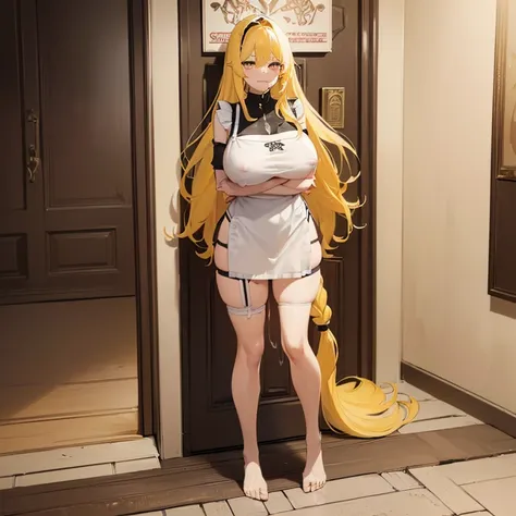 ((adult woman, with very long yellow hair, huge breasts, at the door of the room with her pussy wet with cum on the floor, in an apron, facing the specifier, completely naked))),(((with her daughter in your front of folding arms, with a face of anger))),