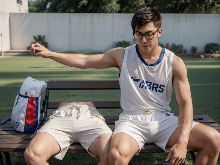 22-year-old male，film camera，真实感，photography of，whitestocking，Physical Education Student，Handsome，Chinese boy，Outdoor basketball court，Sit on a bench，White short sweatpants，Gold-rimmed glasses，Fashionab，youthfulenergy，muscle men，health charm，Sunny scent，Po...