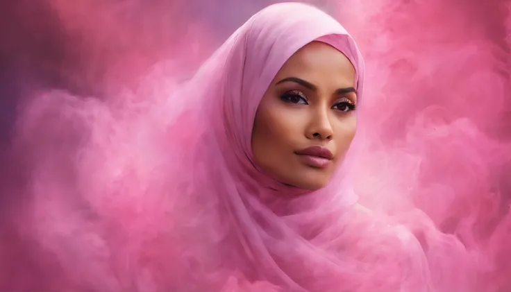 portrait of a malay woman in hijab covered in cloud of smoke, whirlwind, pink highlight colors, pink make-up, hints of pastel, misty, seductive, sultry, breathtaking, oil painting style, artistic, aesthetic modern art, shining bright pink backdrop