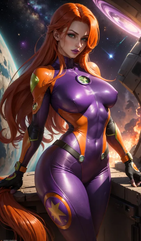 (Masterpiece, 4k resolution, ultra-realistic, very detailed), Super heroine, long orange hair, purple leather suit, green eyes, muscular body, full purple lips, purple lipstick, large breasts, starfire, in space