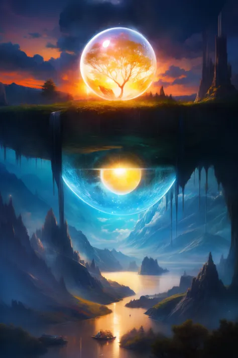 tmasterpiece, Best quality at best, high high quality, extremely detaild的 CG unified 8k wallpapers, ｛The scenery inside the giant crystal ball｝,（Outdoor sports, sky sky, ​​clouds, daysies, without humans, Monte, The landscape, Eau, that tree, blue-sky, wat...