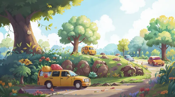 school bus，Many flowers, trees and beautiful scenery，Small Fresh ，cartoony（sky sky：1.3）Scene side view，perfectquality，Clear focus （Best quality at best）