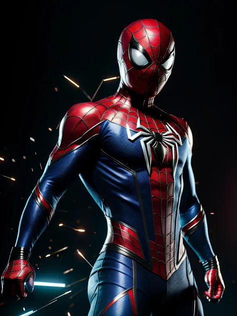 midjourny-v4 style, Professional Photoshot medium a spiderman perfectly played by gwen Stacy with highly detailed intricate cybernetics outfit, highly detailed beautiful face, standing in darkness with black particles surrounded the body, proportional body...