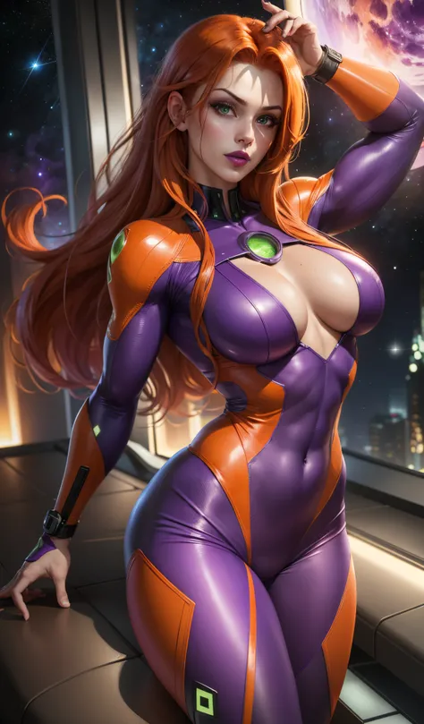 (Masterpiece, 4k resolution, ultra-realistic, very detailed), Super heroine, long orange hair, purple leather suit, green eyes, muscular body, full purple lips, purple lipstick, large breasts, starfire, in space