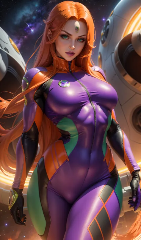 (Masterpiece, 4k resolution, ultra-realistic, very detailed), Super heroine, long orange hair, purple leather suit, green eyes, muscular body, full purple lips, purple lipstick, large breasts, starfire, in space