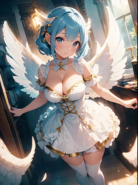 Ultra-realistic photo of a girl in a majestic white and golden ball gown dress, Big beautiful dress, Complex puffy ball gown with lots of frills and rhinestones (Best Quality, masutepiece, ((Angel wings:1.2))。 art  stations, Fantasy Art:1.2), Palace rooms,...