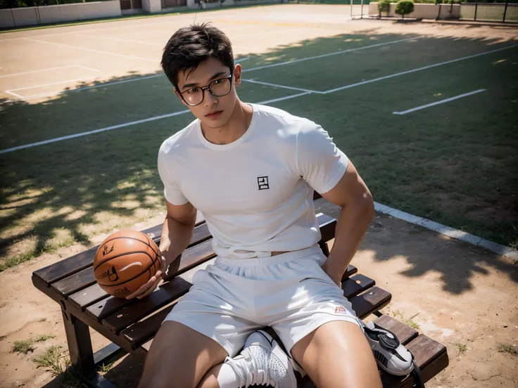 22 years old male，cinecamera，真实感，photography，whitestocking，sports student，Handsome，china boy，Outdoor basketball court，sitting on a bench，White short sweatpants，Gold wire rimmed glasses，Fashionab，youthfulenergy，muscle men，health charm，the fragrance of sunsh...