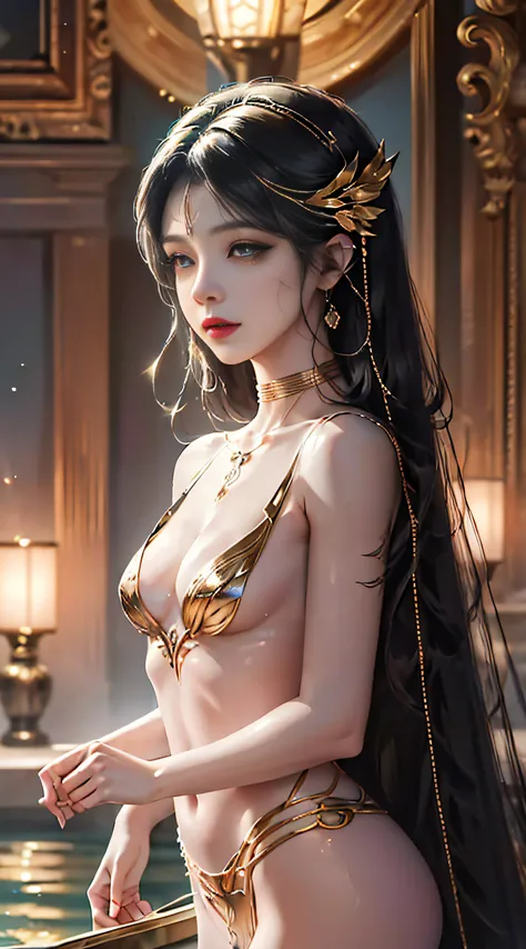 An intricate and stunning lantern，With glowing lights, Delicately patterned metal, and bright colors on dark backgrounds. Nighttime cityscape environment, gentle mist, and a sense of mystery.1 busty girl,Old, Flowers,navel,Black_the hair,wisteria, Open you...