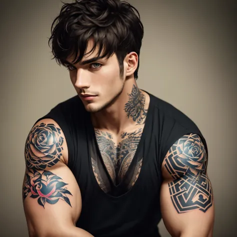 Brunette man black hair square tuft with strong brown eyes with tattoo d warrior on left arm