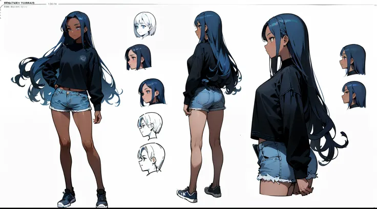 ((Best Quality)), ((Masterpiece)), ((Realistic)) 19 year old, blue hair girl, long lenght hair, relaxed happy face ((slender)) (busty), (((shorts and top)) curly long hairstyle, dark skin (((detailed character sheet, frontal view, side view, three quarter ...