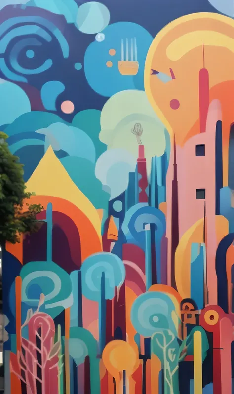 brightly colored murals，Depicts a city with trees and buildings, colorful mural on walls, mural art, tokyo mural, public works mural, painted on a huge wall, Intricate frescoes, wall paintings, wall paintings, symbolic mural, colorful city, Muralism, colou...