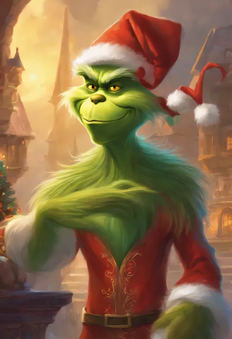 Grinch、Wearing a Santa Claus costume、pot-bellied、pear-shaped、Has a cat-like face and sarcastic personality、humanoid creature with a short nose