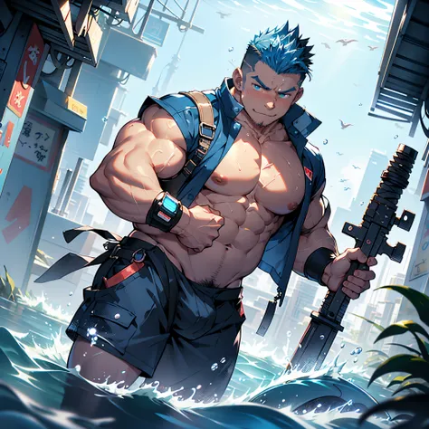 under water skyscraper neon lights effects, super high resolution, undercut, faux hawk, manly kawaii moe babyface, mechanic engineer jacket on shirtless muscular creamy body, meaty thigh, skyrocketing the crotch, magical sci-fi arms weapons, gripping water...