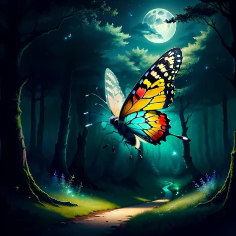 A butterfly with one black wing and one white wing flying in a gloomy enchanted forest while its wings sparkle in the moonlight.