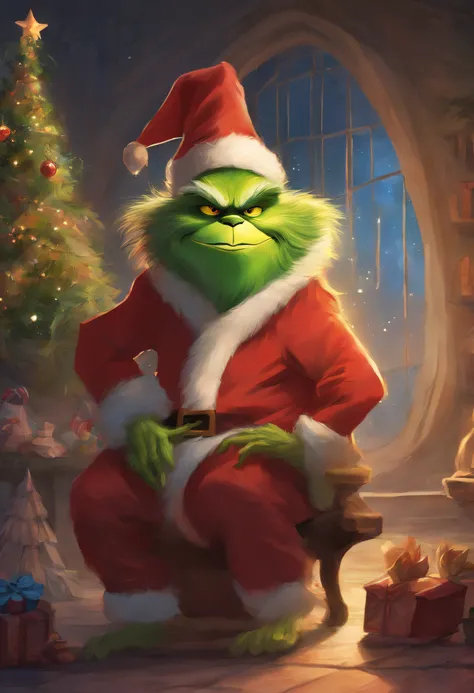 Grinch、Wearing a Santa Claus costume、pot-bellied、pear-shaped、Has a cat-like face and sarcastic personality、humanoid creature with a short nose