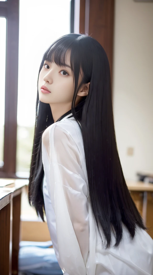 8K，真实感，The light is really soft，Beautiful girl living in reality，Realistic young gravure idol, she is about 16 years old, white  shirt, Beautiful high school girl, gogo dancer, Suki, Large collar, in high school classroom, Ian Hague, too cute, kawaii，woman...