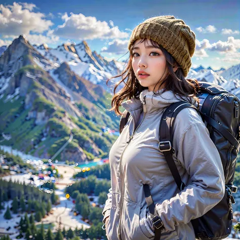 (background, magnificent mountain views, blue open sky, white clouds, snow, winter):1.3,  (medium hair, dark brown hair), (top-q...