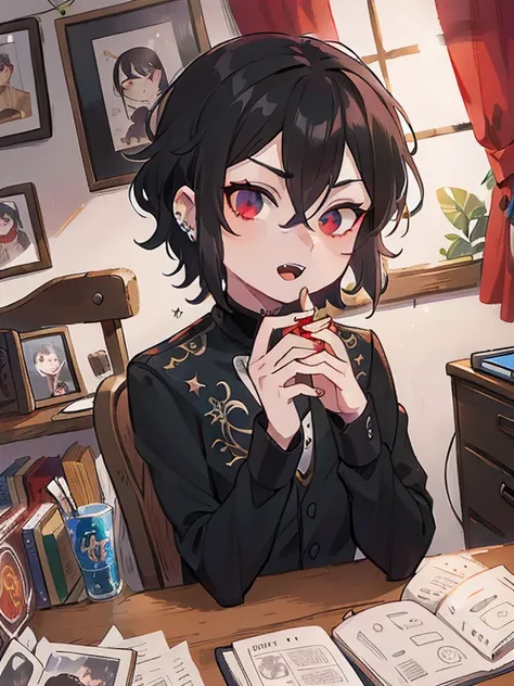 (masterpiece, best quality), intricate details, 8k, sharp focus, (best quality) (detailed skin:1.3) (intricate details) (8k) (detailed eyes) (cartoonist) male character, wavy hair, mullet, short hair, black hair, red eyes, male, anime male, frontage, lovel...