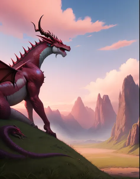 there is a realistic red dragon that is laying down in the grass, nice horns, spikes going down the back. pink sky with blue and white clouds, fantasy matte painting