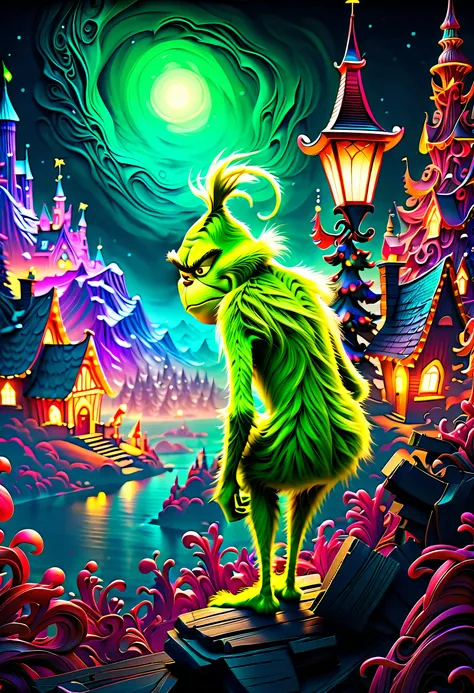 (((imagination breathtaking dark fantasy, vibrantly colored the_Grinch_movie illustration:1.3))), rule over lush, these majestic, shimmering detail glow sky, dominate both sky and land. mesmerizing symphony of colors and movements, (((enchanting of dark fa...