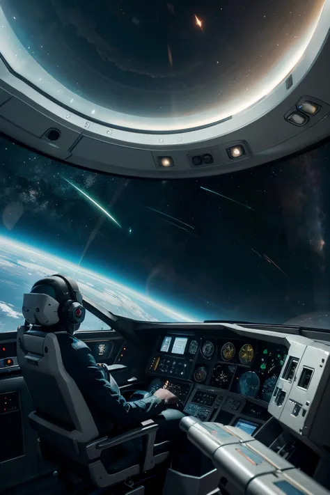 hyper realistic spaceship captains quarters cockpit, with windows showing cosmos, planets and spaceships and spacestations, hyper realistic, volumetric light , ambient occlusion