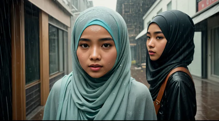 Generate a cinematic still of a Malay girl in hijab caught in a gentle rain shower, in front of vintage building, Focus on capturing the emotion in her eyes as she navigates the rain-soaked streets, creating a scene reminiscent of a romantic film,style raw...