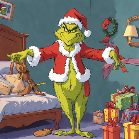 cartoon character，The Grinch pretends to be Santa Claus and steals Christmas gifts from the bedroom