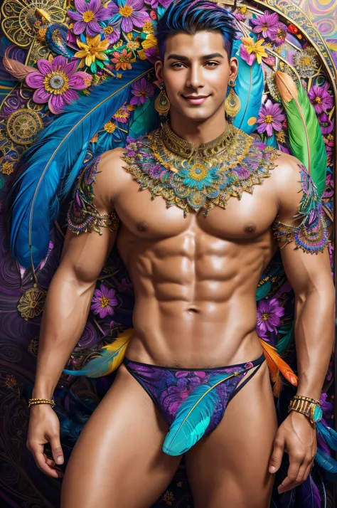 A young man, big chest muscles, showing abs, black hair, smile, exposed thighs, thong, colored feathers, metal ornaments, colorful flowers, particles, light, (masterpiece, top quality, best quality, official art, beautiful and aesthetic:1.2), (1man:1.3), e...