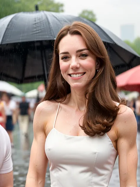 Kate, ripped muscle, muscular body, pale skin, smile(blush), sundress, [ultra detailed skin:1.2], 8k uhd, full body, stand, sweat, cum on face, crowd, public, rain,