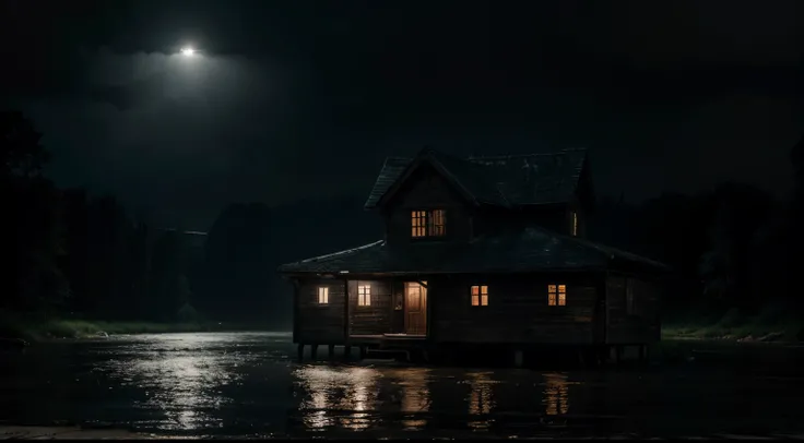 a melancholic simple wood old house with a solitary man in the front with no floor in the river with windows and lights on in a peaceful, rainy environment in a dark cinematic style