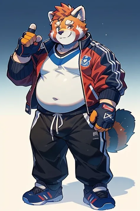 ((1boy_only, red_panda, solo)), (chubby:1.2, stocky:1.2), ((jacket)), ((sportswear)), ((long pants)), (bara:1.2), (shota:0.25), buzz_cut, full body shot, ((cool, cute, awesome)), (fingerless gloves), (front_view), (chubby_face:0.8)