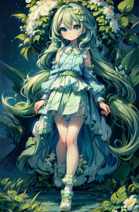 girl with green hair（1.1），hair is fluffy and flowy（1.1），big blue eyes（1.1），cute face，beautiful and delicate floral skirt，white c...