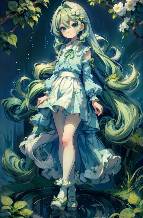 girl with green hair（1.1），hair is fluffy and flowy（1.1），big blue eyes（1.1），cute face，beautiful and delicate floral skirt，white c...