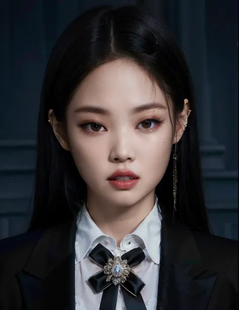 Theres a woman wearing a black tie and a white shirt, jennie blackpink, Retrato de Jossi de Blackpink, jossi do blackpink, portrait of kpop idol, Portrait of female Korean idol, Jaeyeon Nam, Yanjun Chengt, Heonhwa Choe, Parque Roseanne do Blackpink, TaeJun...