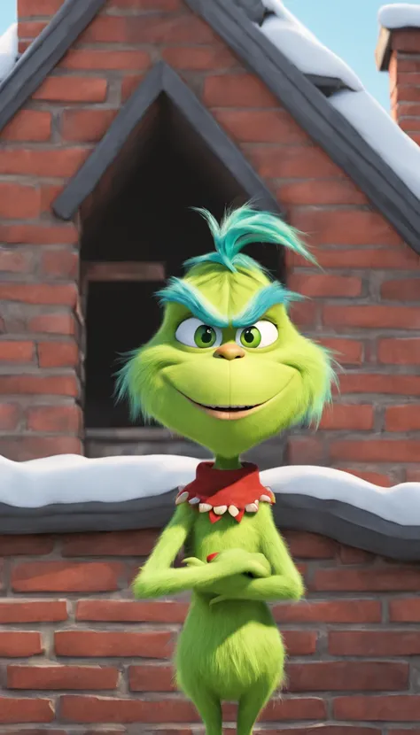 3D cartoon character，Green haired monster Grinch，Next to the roof chimney