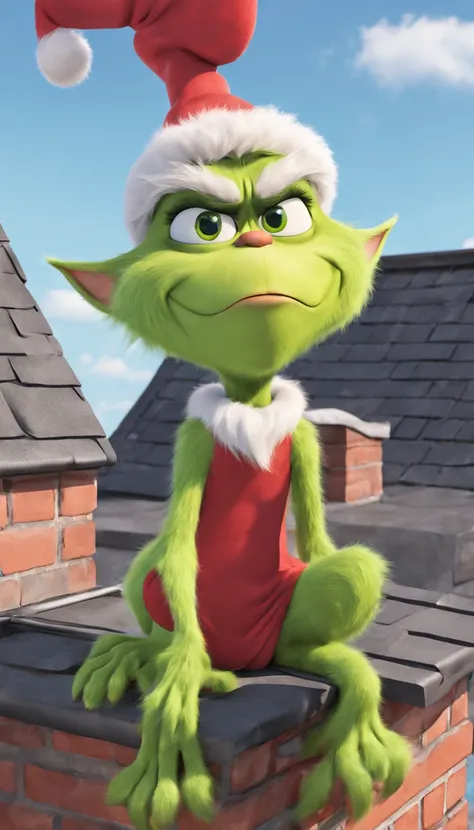 3D cartoon character，Green haired monster Grinch，Next to the roof chimney