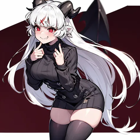 modeus(helltaker), black horns, large breasts, simple background, red eyes, long sleeves, closed mouth, symbol-shaped pupils, cl...