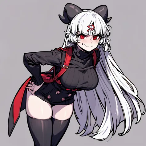 modeus(helltaker), black horns, large breasts, simple background, red eyes, long sleeves, closed mouth, symbol-shaped pupils, cl...